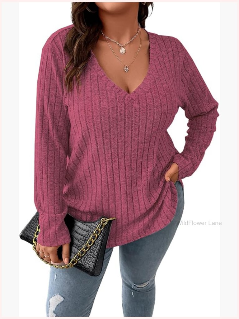 Plus Size V-Neck Knit Pullover Oversized Long Sleeve Blouse